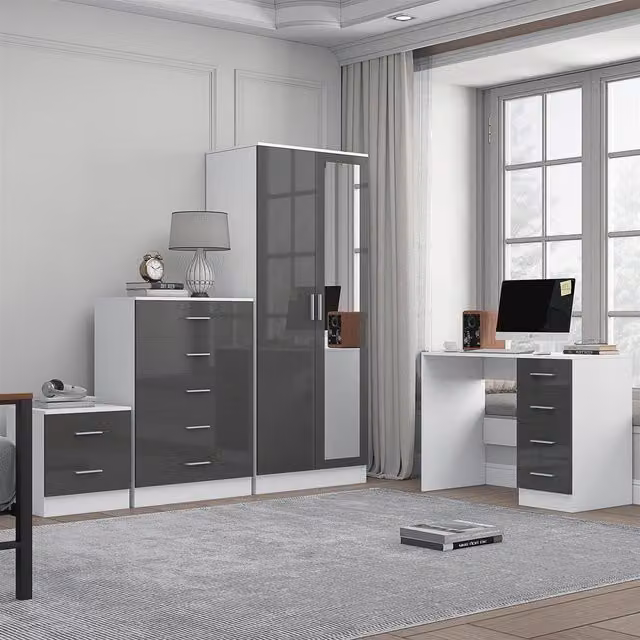 REFLECT Furniture Bundle in Grey Gloss and Matt White featuring 2-Door Mirror, Chest, Bedside, and Desk
