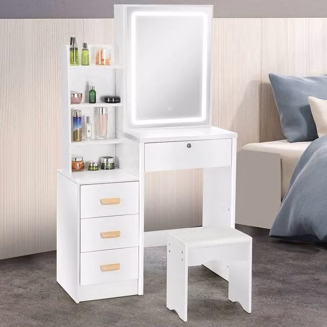 NESTLUNE White Modern Makeup Desk with Dimmable Hollywood LED Lighting