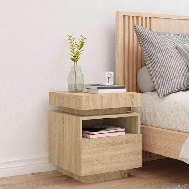 Berkfield Home Decorative Bedside Cabinet with Integrated LED Lights in Sonoma Oak, Light Brown, W: 39 cm, D: 39 cm, H: 48.5 cm – 1