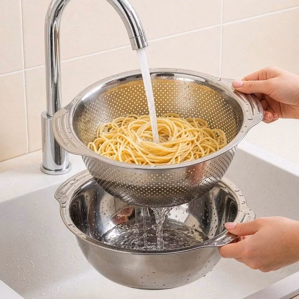 FLAVORA Stainless Steel Round Colander and Bowl Set with Handles in Silver – 5