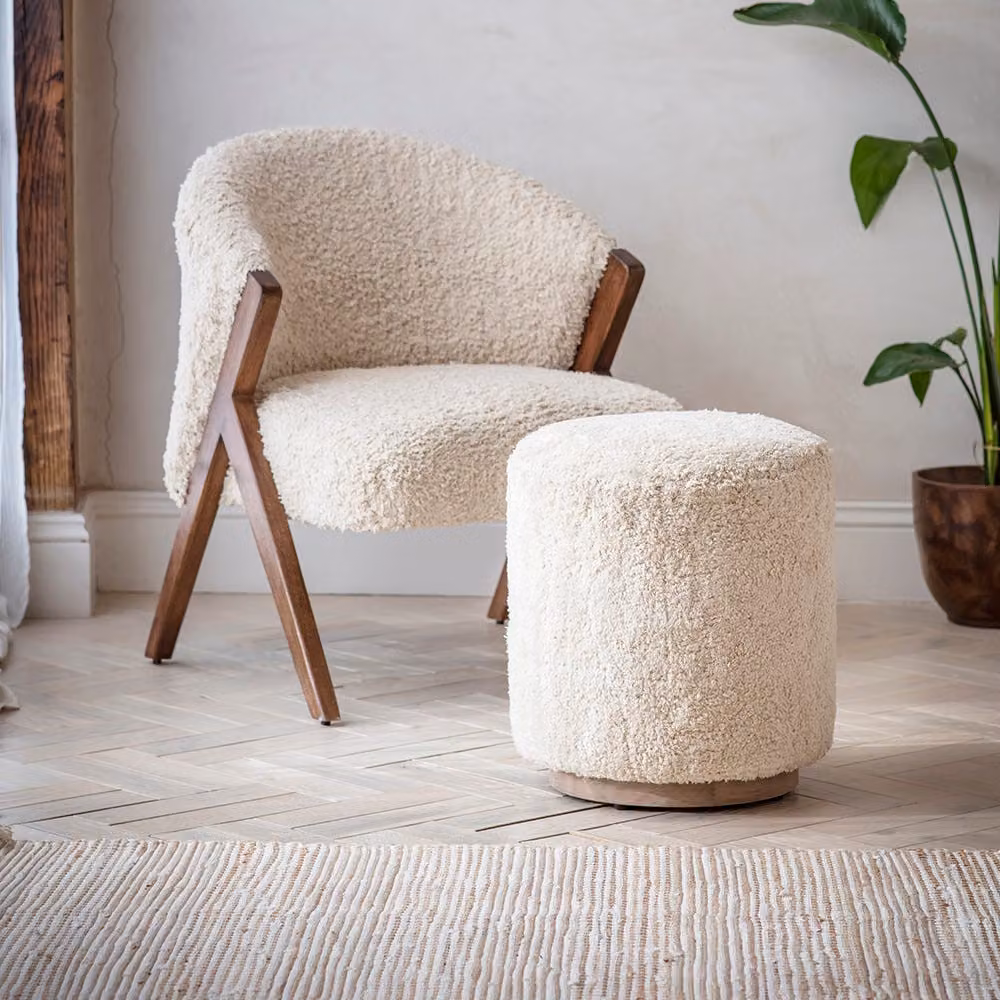 Atkin & Thyme Carnaby Cylindrical Cotton and Bouclé Footstool in White