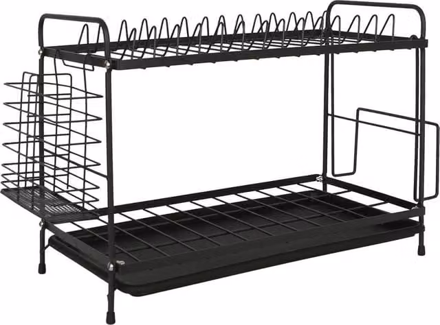 NESTLUNE Metal 2-Tier Dish Drainer Rack with Drip Tray and Cutlery Holder, Black, W: 30 cm, D: 15 cm, H: 15 cm – 1