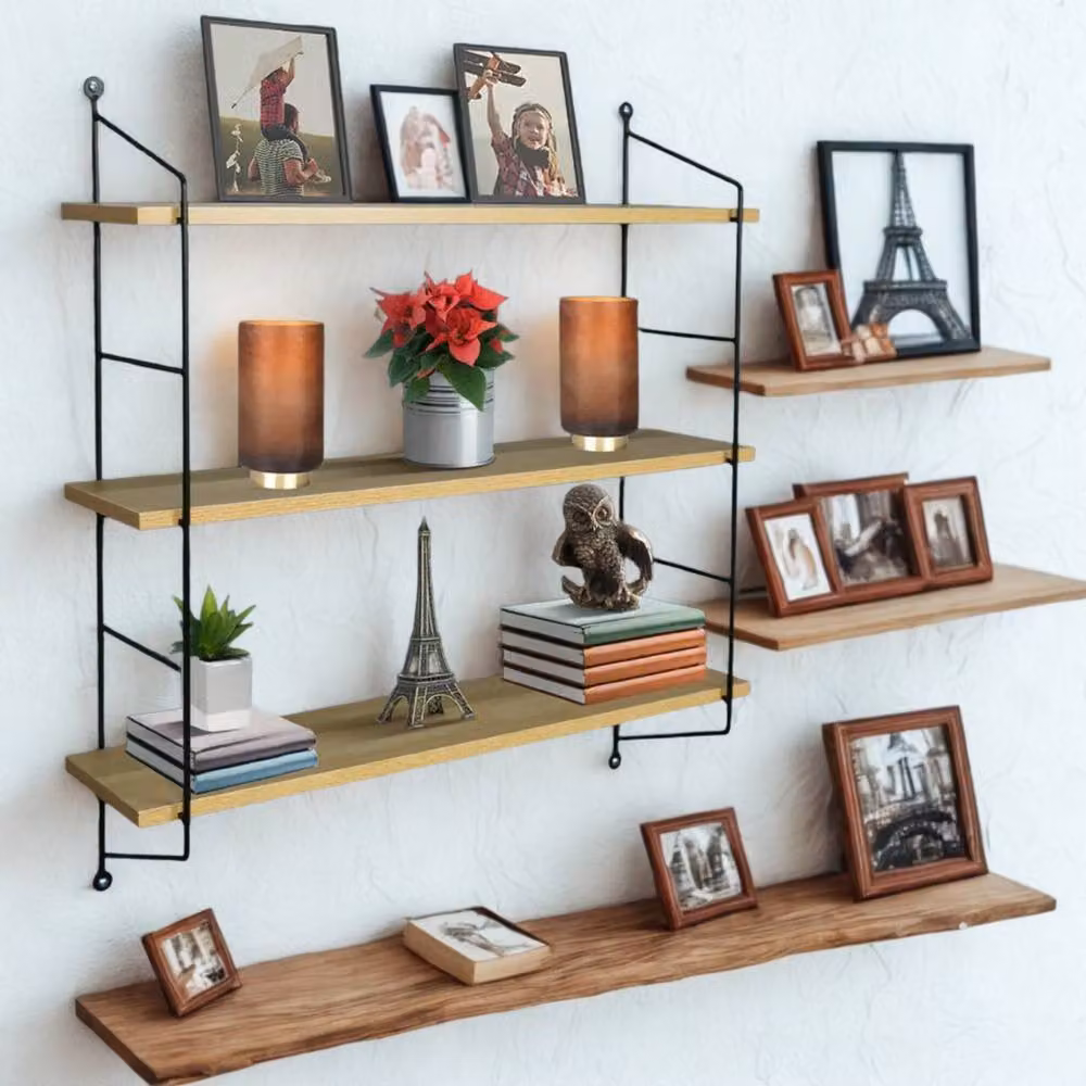 FURNOS Industrial 3 Tier Brown Wooden and Metal Wall Mounted Floating Shelf Storage Unit with Adjustable Shelves – 2