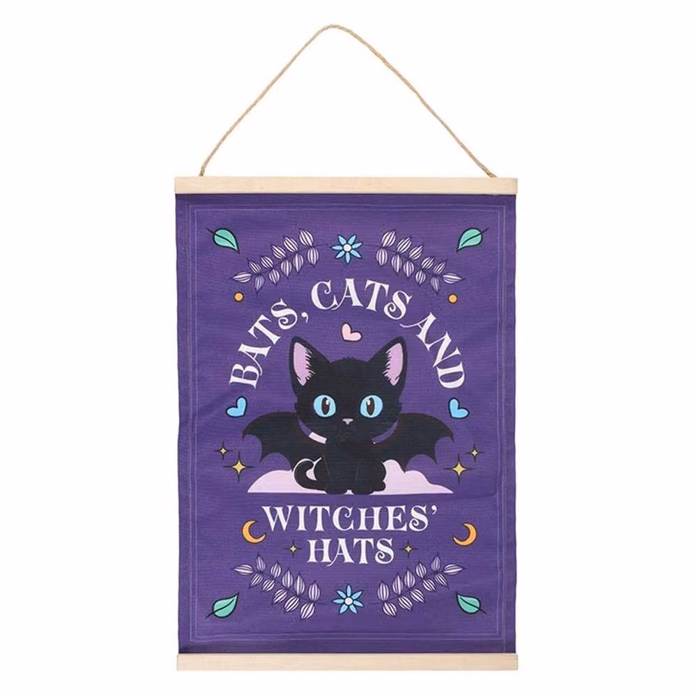 Uniqueful Halloween Fabric Wall Hanging with Bats, Cats and Witches Hats in Purple and Black – 3