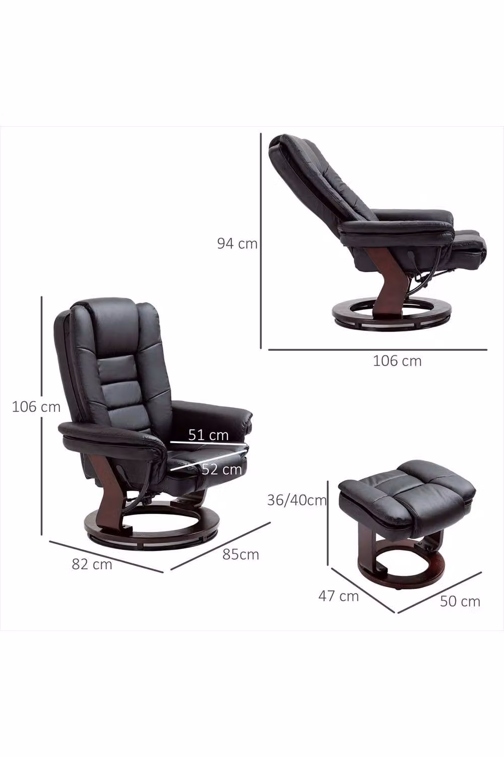 ERGOVEXA Black Synthetic Leather Recliner Armchair with Matching Ottoman and Footstool – 2