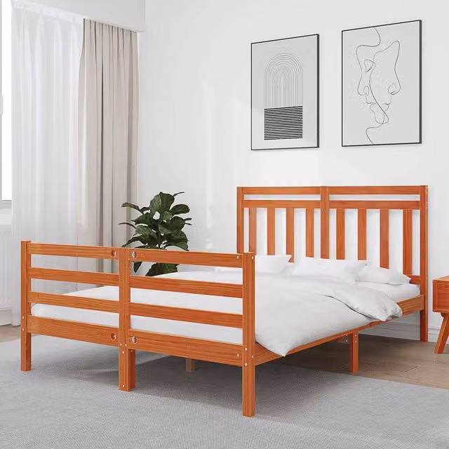 Berkfield Home Solid Pine Bed Frame with Headboard in Wax Brown, W: 140 cm, L: 188 cm – 1