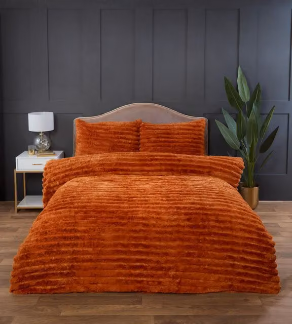 Rapport Home Chunky Ribbed Fur Polyester Soft and Cozy Duvet Cover Set with Pillowcase, Orange, W: 140 cm, H: 200 cm – 1