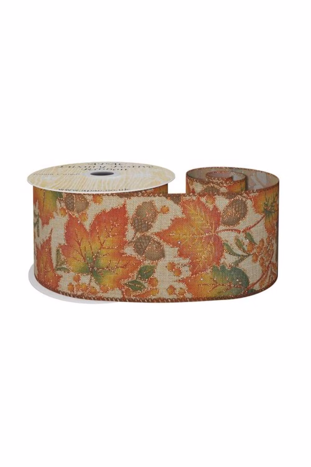 KDMD Natural Wired Ribbon with Autumn Leaves and Acorns, Multicolour, Width: 6.3 cm, Length: 10 yards – 2