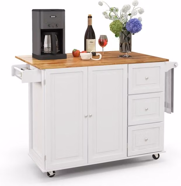 COSTWAY Classic Kitchen Island Cart on Wheels in White Rubberwood