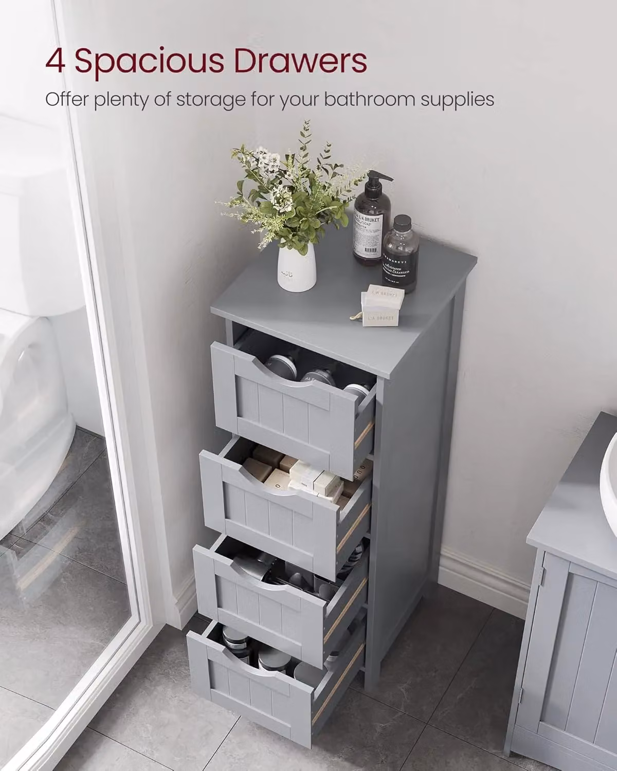 VASAGLE Compact Freestanding Bathroom Floor Cabinet with 4 Drawers in Light Grey – 3