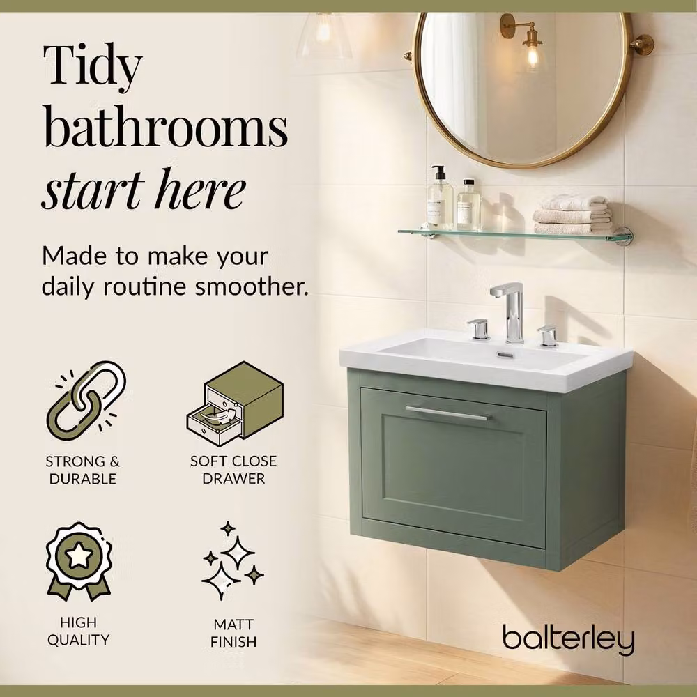 Balterley Blithbury Wall Hung 1 Drawer Vanity Basin Unit, Matt Green, W: 60 cm, D: 45 cm – 3
