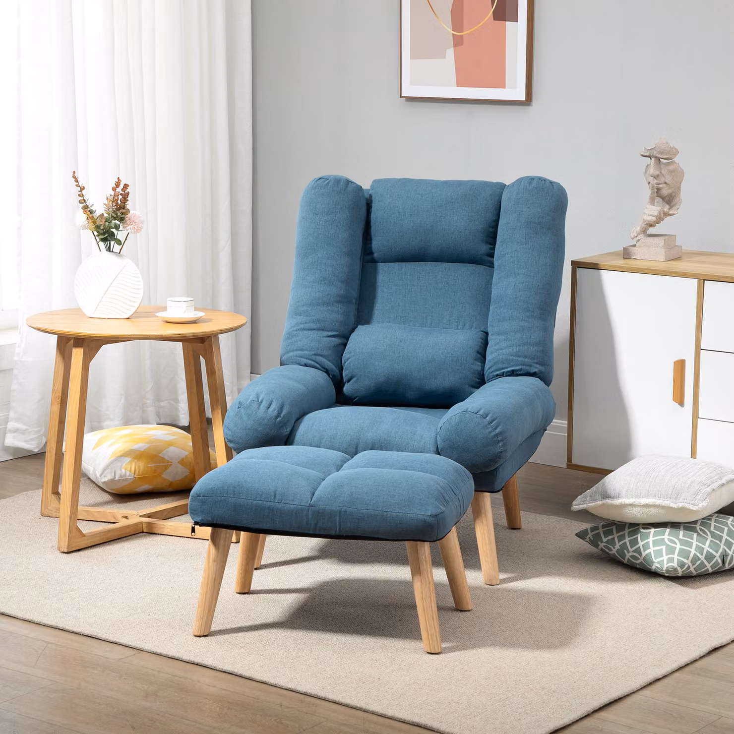 HOMCOM Blue Linen Fabric Occasional Recliner with Matching Ottoman and 3-Position Adjustable Backrest – 2
