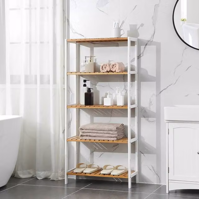 SONGMICS 5 Tier Bamboo Storage Shelf for Bathroom, Living Room or Kitchen in Natural Wood