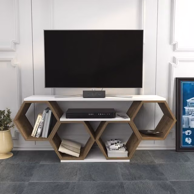 DECOROTIKA Honey TV Stand for TVs up to 55 inch, Walnut and White Geometric Design, W/D/H: 140 x 30 x 40.5 cm