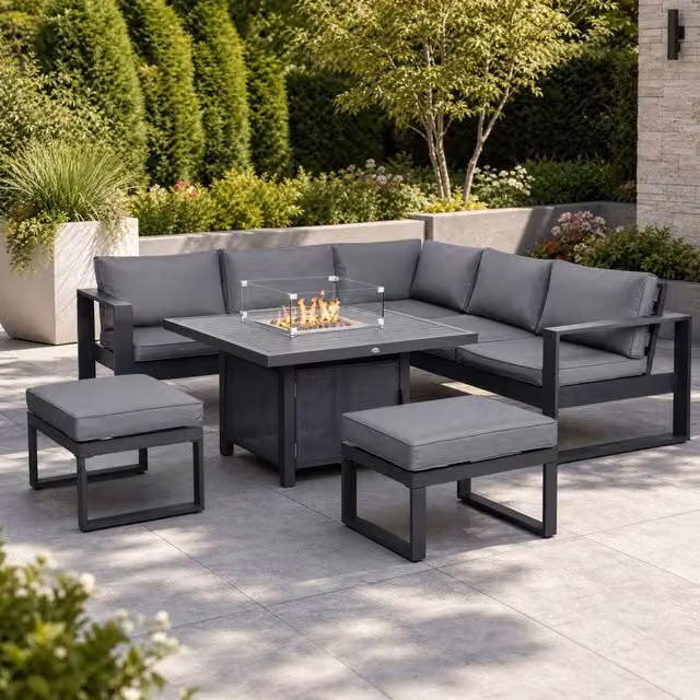 STILVORA 7-Seater Modern Grey Sofa Set with Metal Fire Pit Table – 1