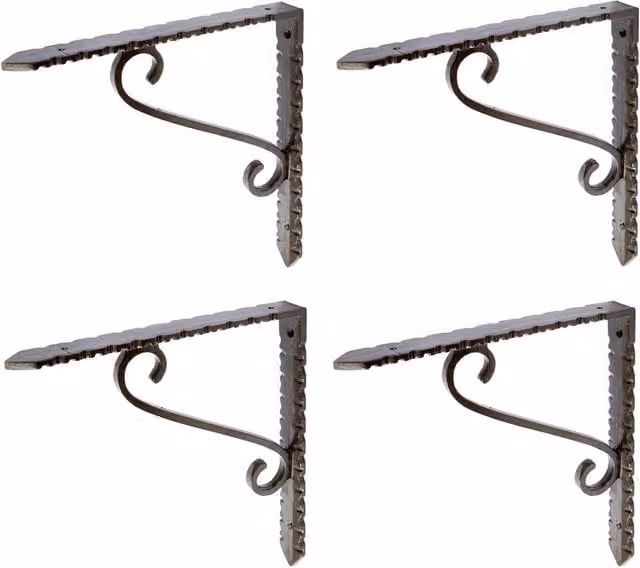 Hammer and Tongs Notched Scroll Iron Shelf Bracket, Pack of 4, Raw Grey and Brown