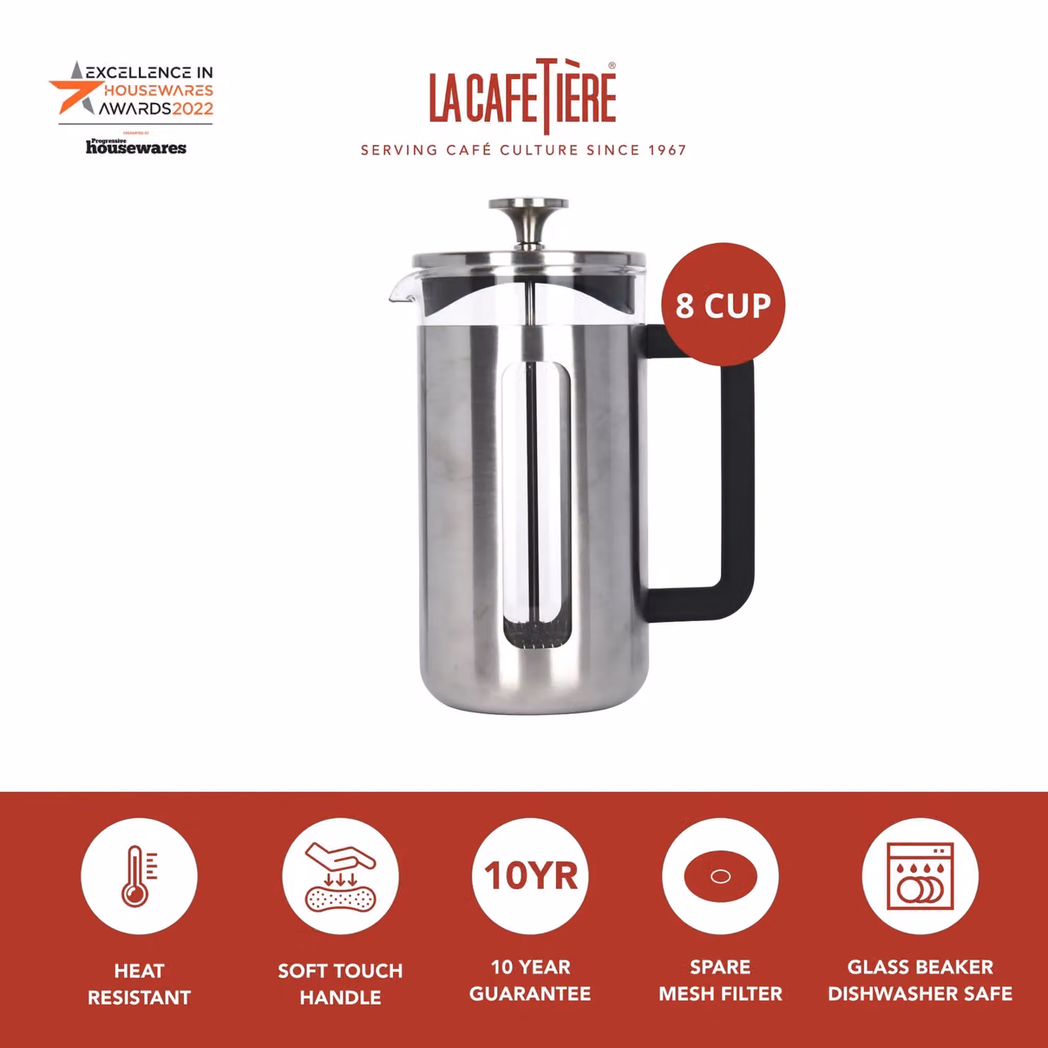 La Cafetiere Pisa Brushed Stainless Steel Cafetiere, 1 Litre, Silver – 3