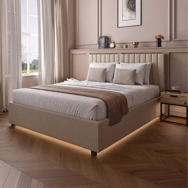XR Living Maisie Upholstered Ottoman Bed with LED Lighting in Beige, W/D/H: 140 x 200 cm