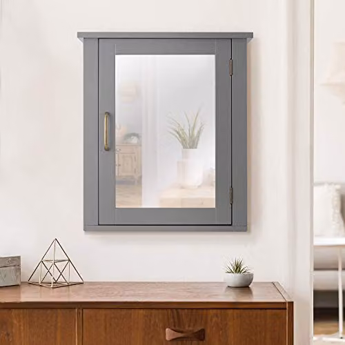 Teamson Home Mercer Modern Wall Mounted Bathroom Cabinet with Mirrored Hinged Glass Doors and Internal Shelves, Grey – 2