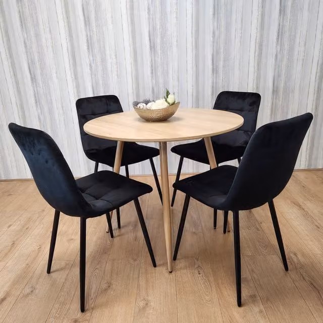 Kosy Koala Round Oak Effect Dining Table and 4 Black Velvet Tufted Chairs Dining Set - Brown and Black