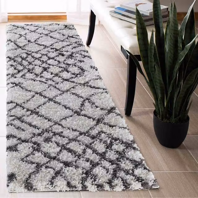 Desire Rugs Moroccan Berber Shaggy Runner with Abstract Boho Design in Beige, White and Grey, W: 60 cm, L: 220 cm