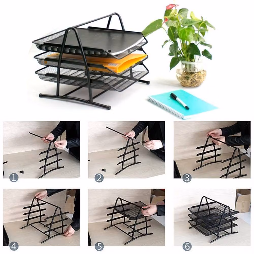 VOGREX 3 Tier Metal Wire Mesh A4 Document Filing Tray Holder in Black – 3
