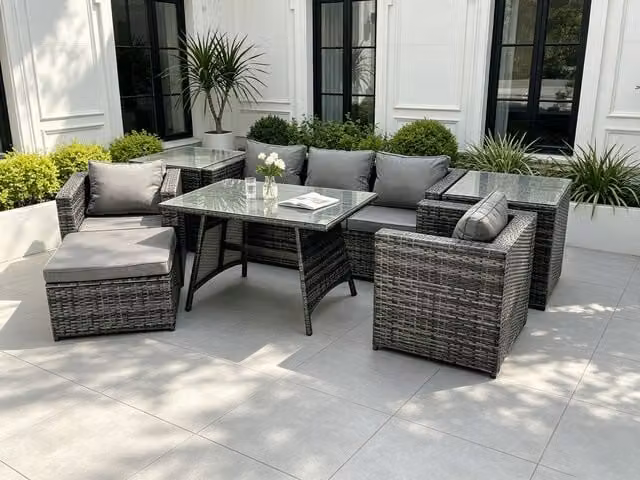 Fimous 6 Seater Rattan Garden Dining Set in Dark Grey with Oblong Table, 2 Side Tables and Large Footstool