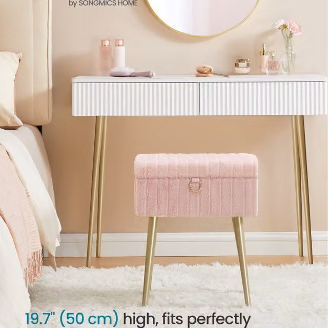 SONGMICS Pink Velvet Rectangular Vanity Stool with Storage and Metal Frame, W/D/H: 50 x 30 x 30 cm