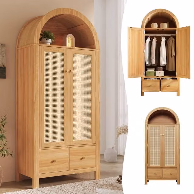 Merax Oak Arched Rattan Effect Wardrobe in Light Oak with Hanging Rail and 2 Internal Drawers
