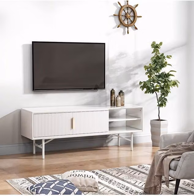 Living and Home Modern White Striped Wooden TV Stand – 1