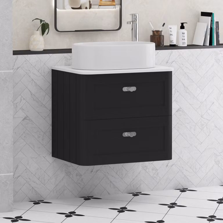 Royal Bathrooms Henley Wall Hung Vanity Unit in Matt Nocturne Black with 2 Drawers, Plain White Worktop and Peak Basin