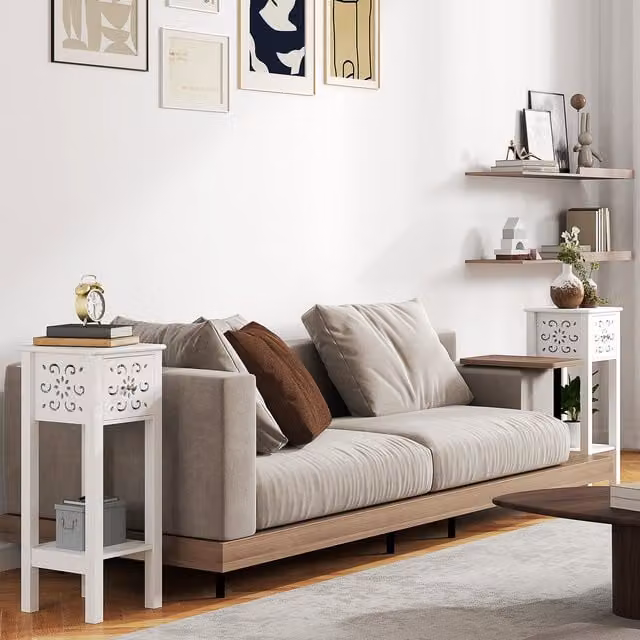 HOMCOM Set of 2 White Modern Bedside Tables with Drawer and Storage Shelf
