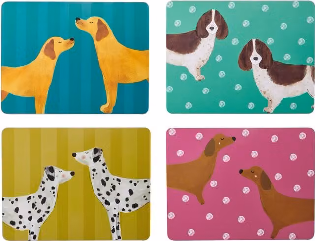 Creative Tops Set of 4 Assorted Dog Placemats, White and Multicolour, Cork Backed, W: 30 cm, D: 22 cm