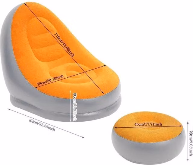 SPETLEK Orange and Silver Inflatable Lounge Sofa, Gaming Chair and Ottoman, W/D/H: 116.0 x 78.0 x 82.0 cm