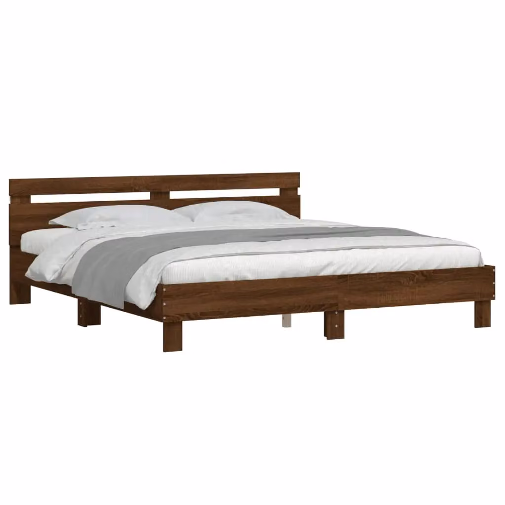 Berkfield Home Modern Bed Frame in Brown Oak with LED Under-Bed Lighting and USB Charging Port, W: 160 cm, D: 200 cm – 4