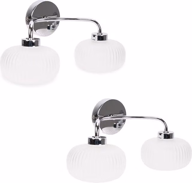 ValueLights Amaia Pair of 2 Way IP44 Up and Down Wall Lights with Ribbed Glass Shades and Bulbs in Silver