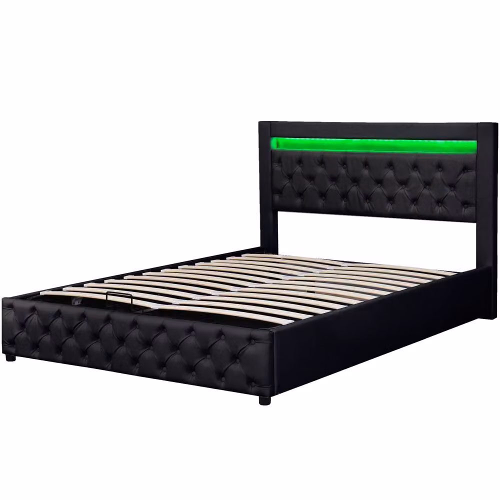 BTM Black PU Upholstered Double Bed with LED Under-Bed Lighting and Lift-Up Storage W/D/H: 135 x 190 x 39 cm – 8
