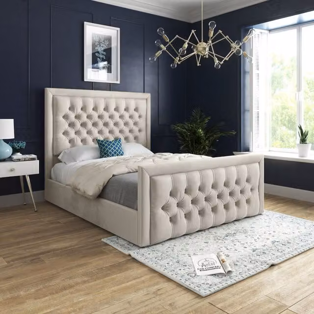 Casani Rovigo Upholstered Velvet Bed Frame in Beige, W/D/H: 90 x 200 x 137 cm – 1