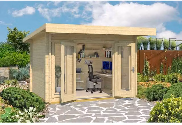 Lasita Maja Ltd Barbados Mini Log Cabin Home Office in Natural Wood, W: 350 cm, D: 390 cm, H: 233.7 cm