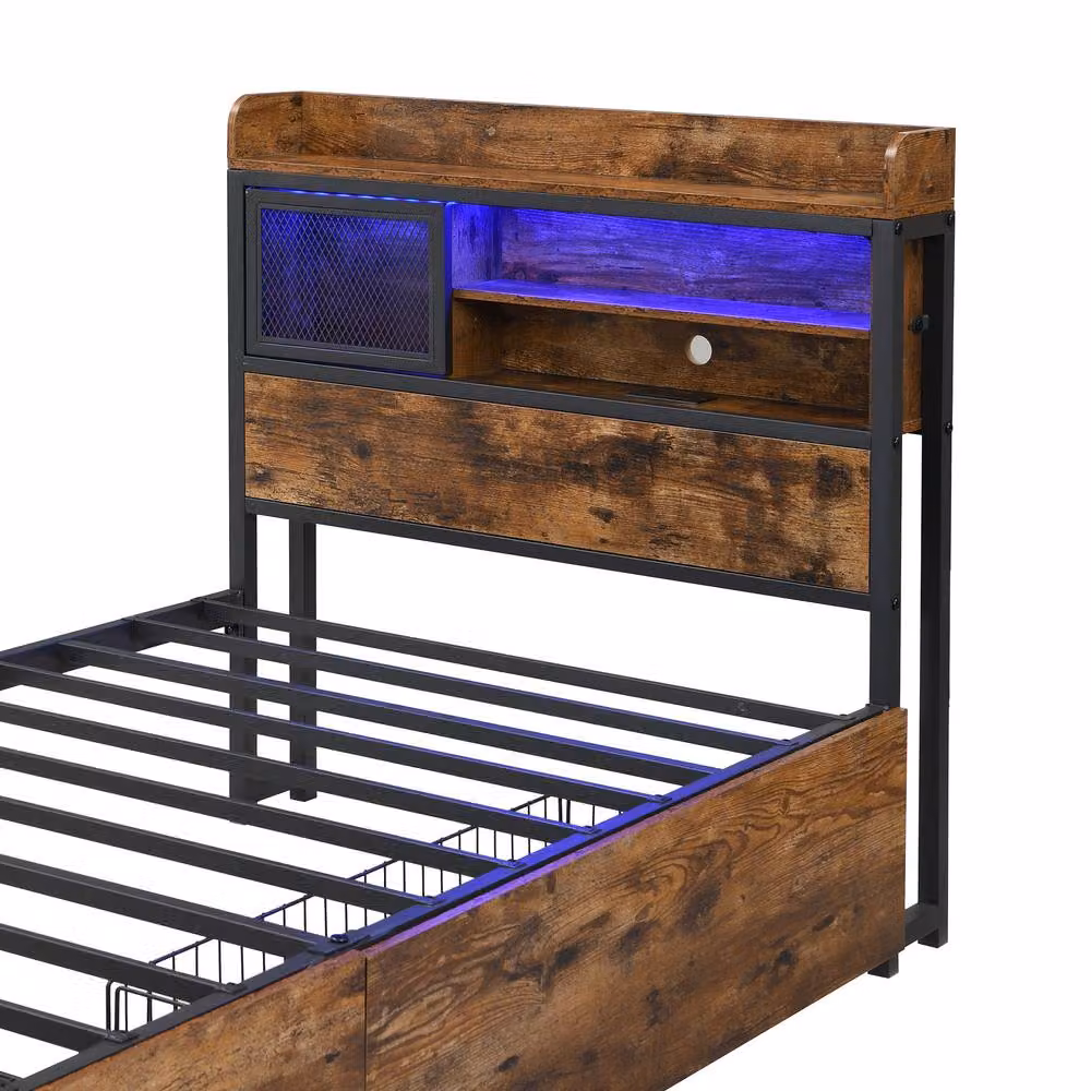 Merax Single Metal Bed Frame with Storage Headboard, LED Lighting and USB Charging Ports in Brown and Black, W/D/H: 90 x 190 x 91.44 cm – 6