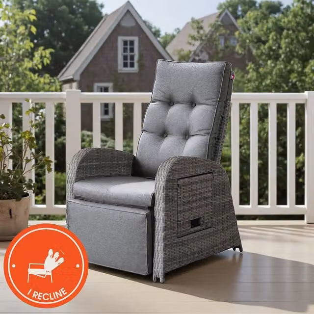 New Hampshire Reclining Outdoor Patio Chair in Grey Wicker with UV-Resistant Polyester Fabric and Powder-Coated Aluminium Frame