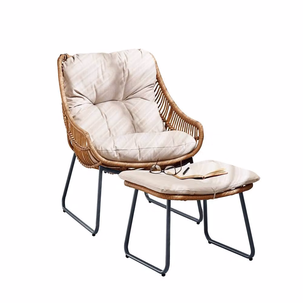 FurnitureboxUK Tahiti Beige Rattan Indoor and Outdoor Chair and Footstool Set – 2