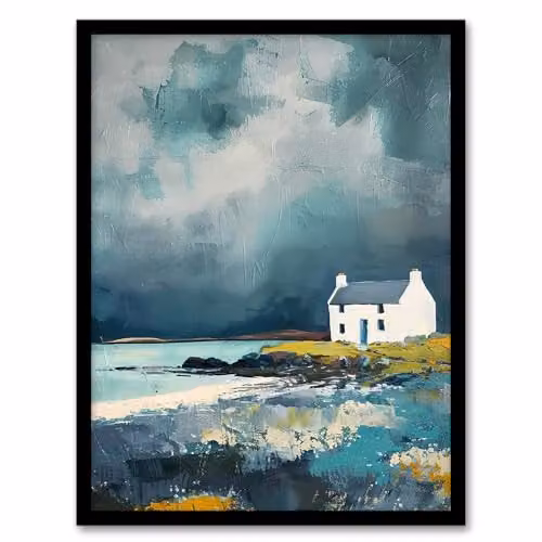Artery8 Classic Scottish Lochside Cottage Oil Painting Framed Wall Art Print, Multicolour, W/H: 21.0 x 29.7 cm – 1