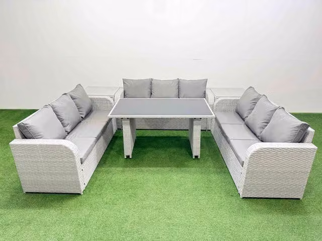 Fimous Modern Rattan Garden Furniture Set with 2 Side Tables in Light Grey