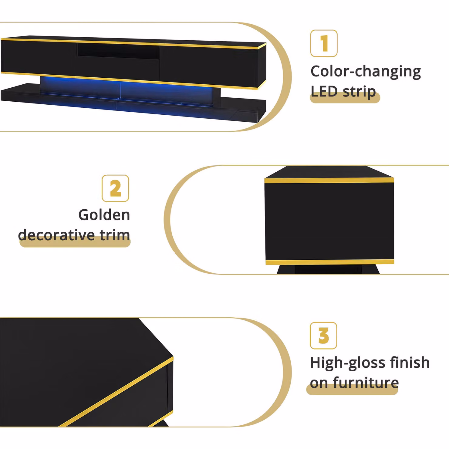 Aosom Modern Black and Gold TV Cabinet with 3 Drawers, Open Compartment and Integrated LED Lighting, W/D/H: 180 x 38 x 45 cm – 6