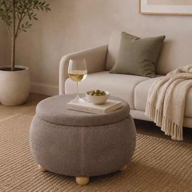 Garden Greatness Round Chenille Storage Ottoman with Tray Top in Brown, Grey and Multicolour