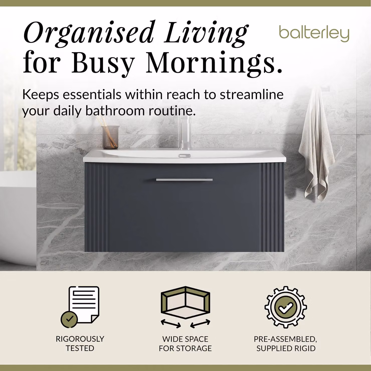 Balterley Wall Hung 1 Drawer Vanity Unit with Curved Basin, Dark Grey, Width: 80 cm – 2