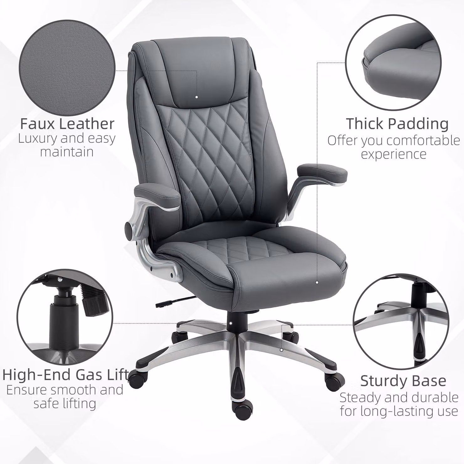 Vinsetto Grey Faux Leather Executive Swivel Office Chair with Headrest and Armrests – 5