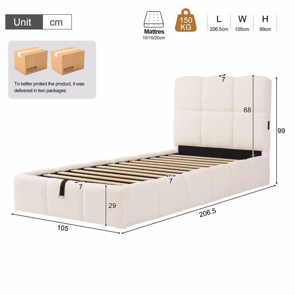 BTM Single Upholstered Ottoman Hydraulic Storage Bed Frame in Beige, W/D/H: 90 x 190 x 105 cm – 2