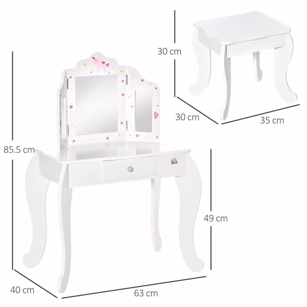 STILVORA Children's Dressing Table Set with Drawer in White – 3